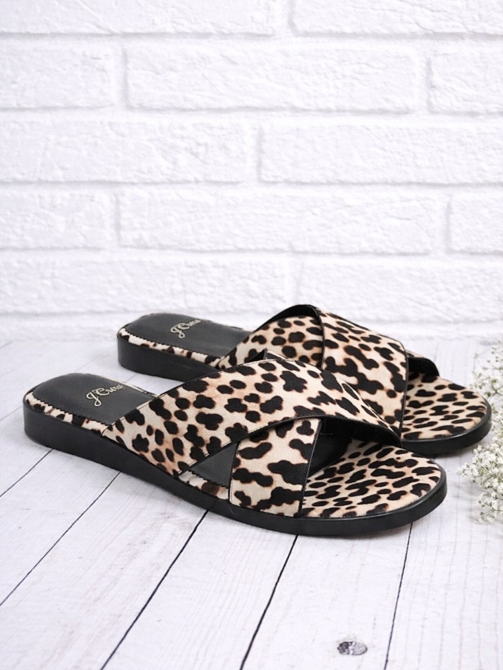 J. Crew NEW Leopard Calf Hair Cross Strap Sandals